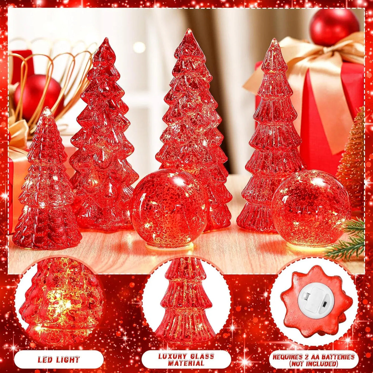 6 Pack Lighted Mercury Glass Christmas Tabletop Trees & Crackle Globe, Red Pre-lit LED Xmas Centerpiece Mantel Decor for Holiday Home Party Christmas Gift