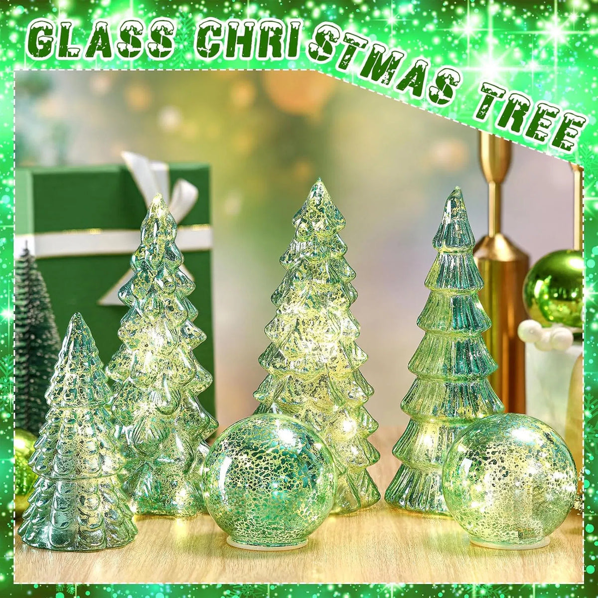 6 Pack Lighted Mercury Glass Christmas Tabletop Trees & Crackle Globe, Sage Green Pre-lit LED Xmas Centerpiece Mantel Decor for Home Party Christmas Gift