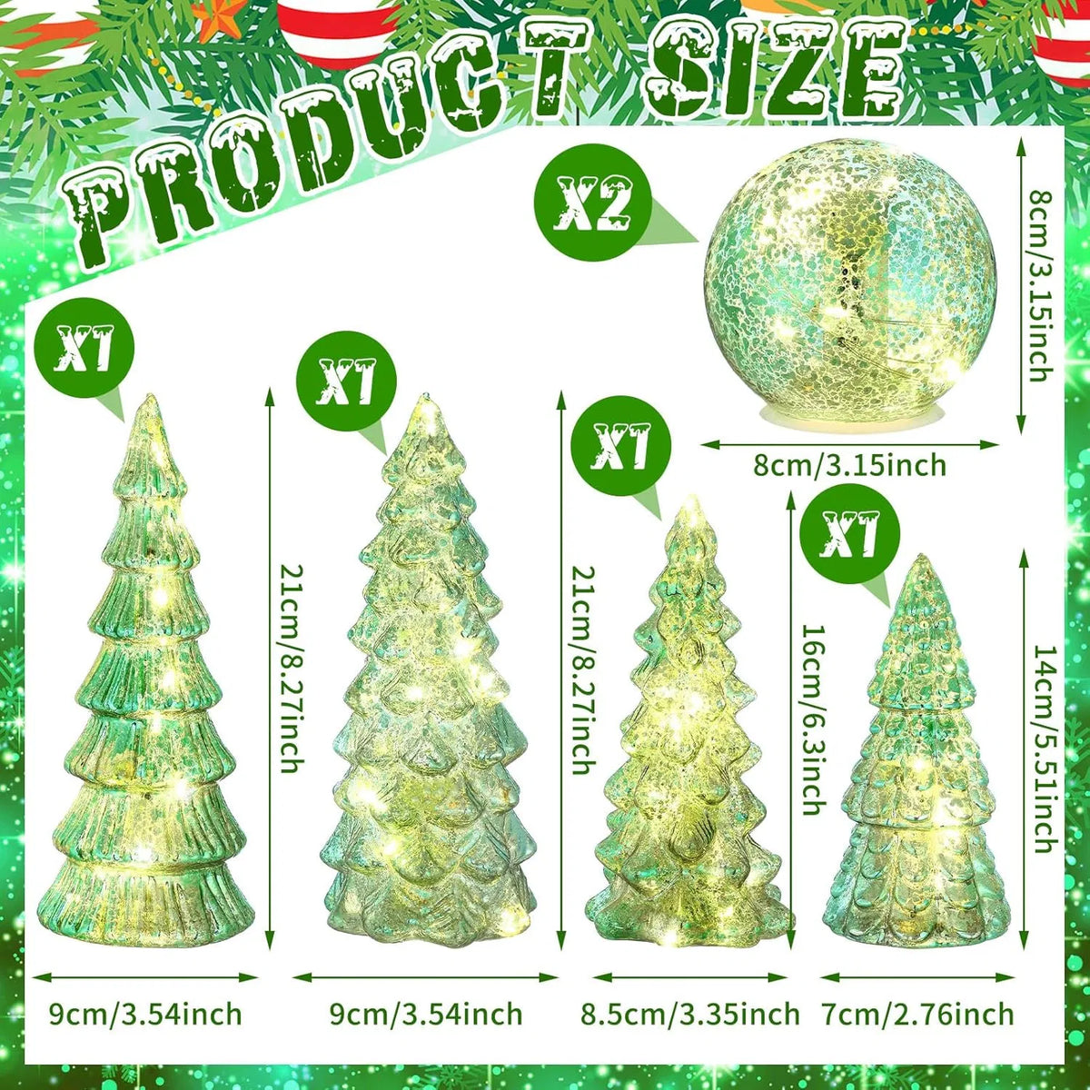 6 Pack Lighted Mercury Glass Christmas Tabletop Trees & Crackle Globe, Sage Green Pre-lit LED Xmas Centerpiece Mantel Decor for Home Party Christmas Gift