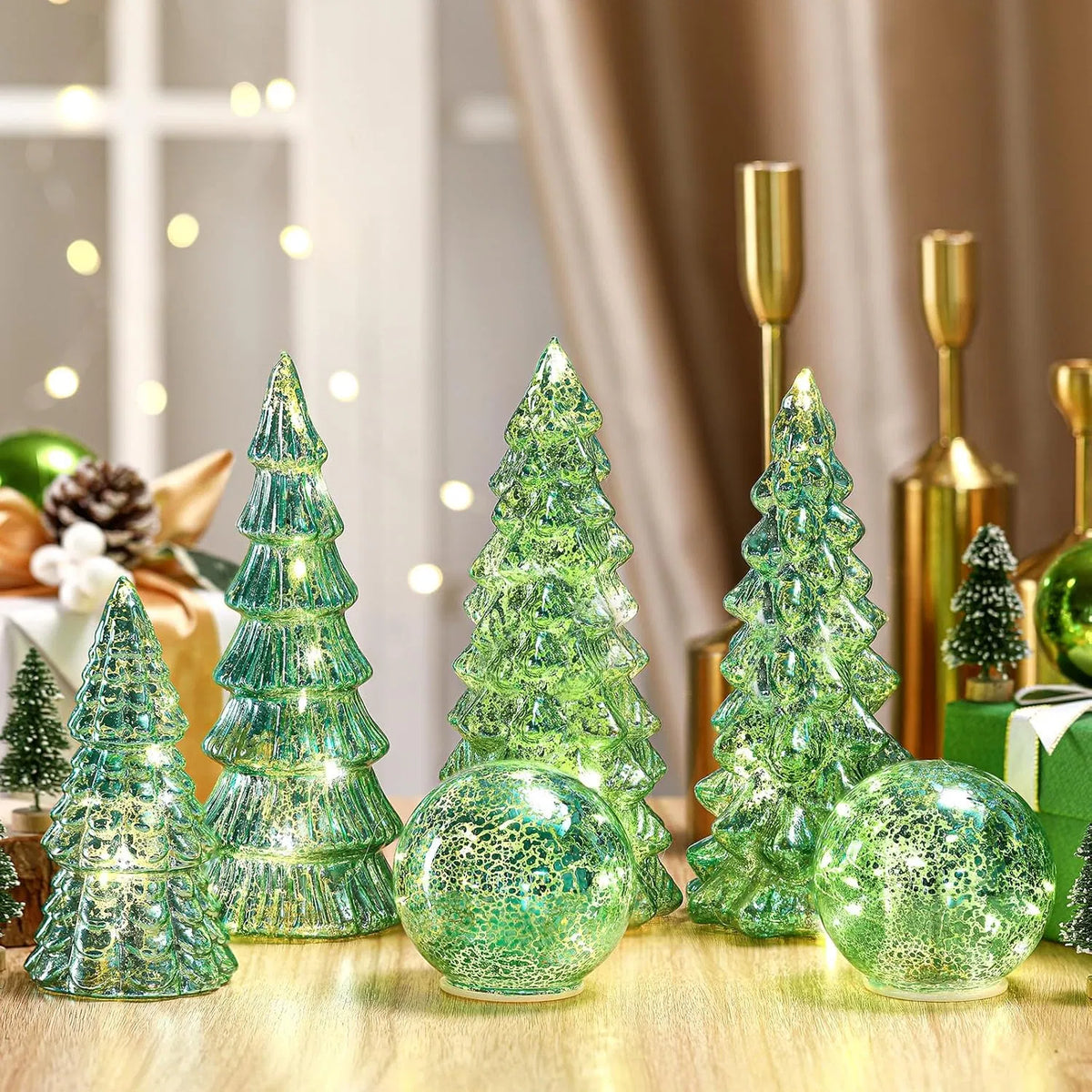 6 Pack Lighted Mercury Glass Christmas Tabletop Trees & Crackle Globe, Sage Green Pre-lit LED Xmas Centerpiece Mantel Decor for Home Party Christmas Gift