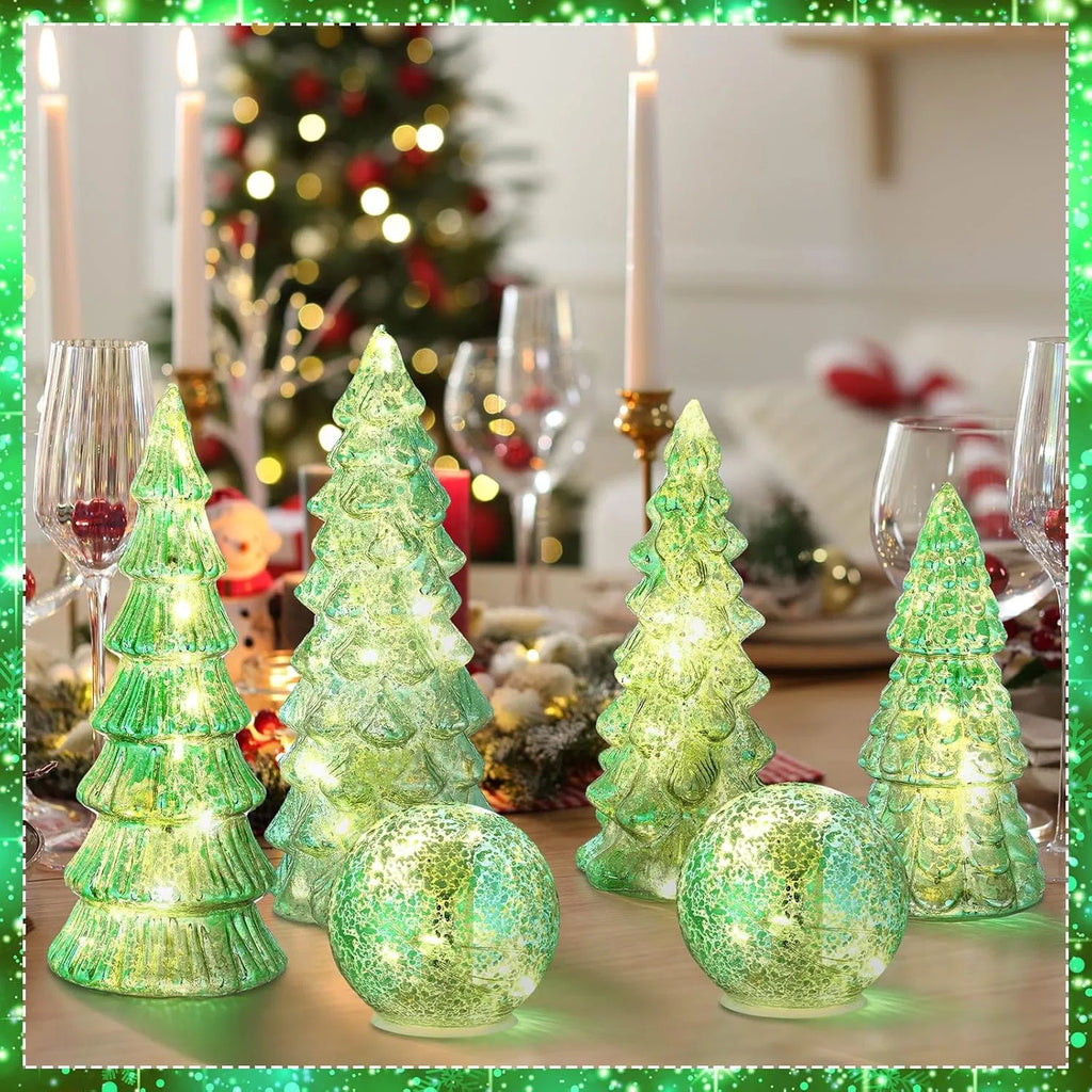 6 Pack Lighted Mercury Glass Christmas Tabletop Trees & Crackle Globe, Sage Green Pre-lit LED Xmas Centerpiece Mantel Decor for Home Party Christmas Gift