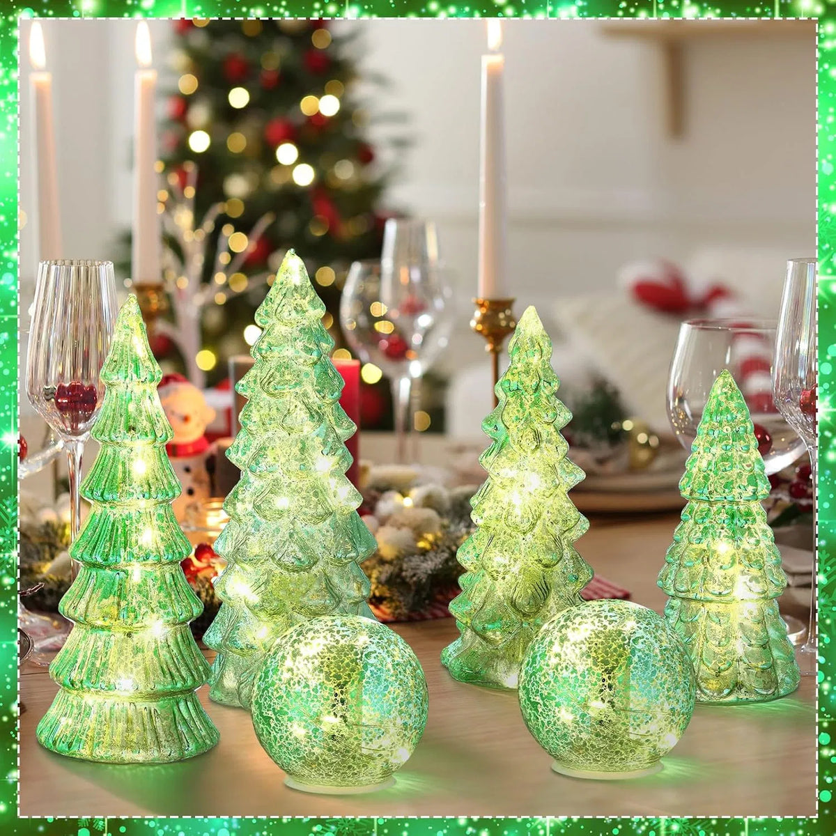 6 Pack Lighted Mercury Glass Christmas Tabletop Trees & Crackle Globe, Sage Green Pre-lit LED Xmas Centerpiece Mantel Decor for Home Party Christmas Gift
