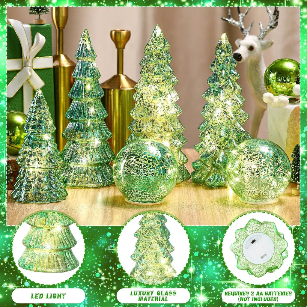 6 Pack Lighted Mercury Glass Christmas Tabletop Trees & Crackle Globe, Sage Green Pre-lit LED Xmas Centerpiece Mantel Decor for Home Party Christmas Gift