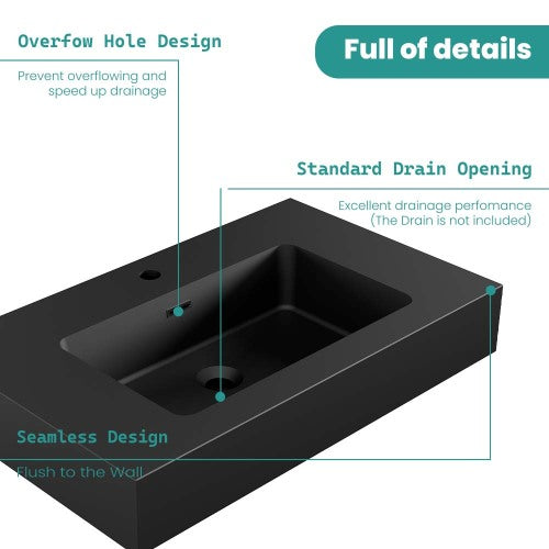 AEELLEEA 30 Inch Matte Black Fireclay Vessel Sink, Rectangular Integrated Bathroom Vanity Sink with Overflow Hole, Modern Countertop Sink
