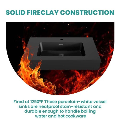 AEELLEEA 30 Inch Matte Black Fireclay Vessel Sink, Rectangular Integrated Bathroom Vanity Sink with Overflow Hole, Modern Countertop Sink