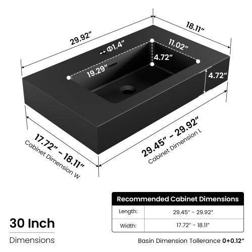 AEELLEEA 30 Inch Matte Black Fireclay Vessel Sink, Rectangular Integrated Bathroom Vanity Sink with Overflow Hole, Modern Countertop Sink