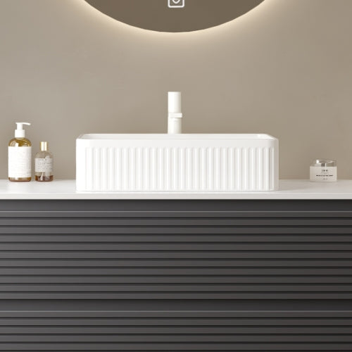 AEELLEEA White Fluted Rectangular Vessel Sink, Modern Ceramic Above Counter Bathroom Vanity Sink