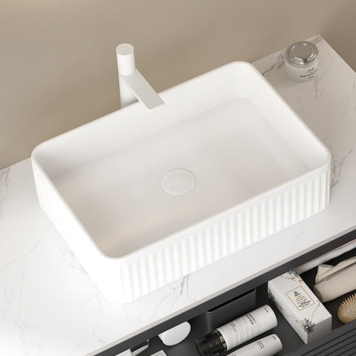 AEELLEEA White Fluted Rectangular Vessel Sink, Modern Ceramic Above Counter Bathroom Vanity Sink