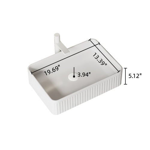 AEELLEEA White Fluted Rectangular Vessel Sink, Modern Ceramic Above Counter Bathroom Vanity Sink