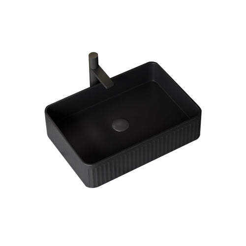 AEELLEEA Black Fluted Rectangular Vessel Sink, Modern Ceramic Above Counter Bathroom Vanity Sink