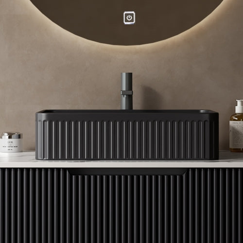 AEELLEEA Black Fluted Rectangular Vessel Sink, Modern Ceramic Above Counter Bathroom Vanity Sink