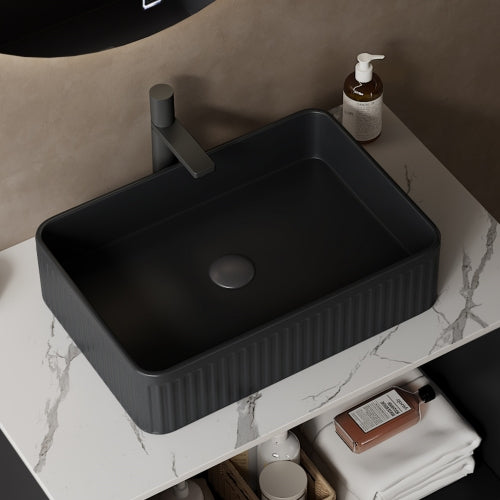 AEELLEEA Black Fluted Rectangular Vessel Sink, Modern Ceramic Above Counter Bathroom Vanity Sink