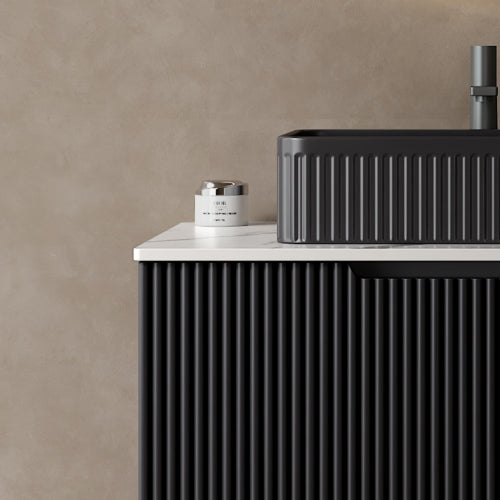 AEELLEEA Black Fluted Rectangular Vessel Sink, Modern Ceramic Above Counter Bathroom Vanity Sink