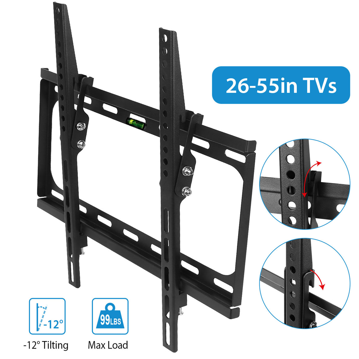 AEELLEEA Tilt TV Wall Mount for 26 to 55 Inch TVs, Heavy Duty Bracket up to 99 lbs, VESA 400x400, Low Profile with Level, Black