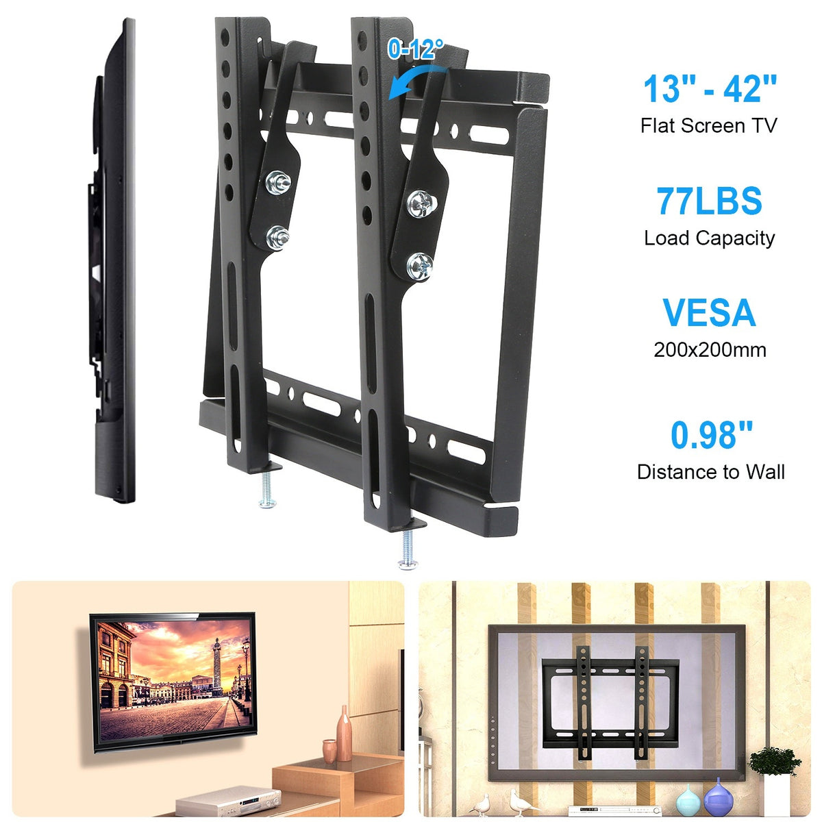 AEELLEEA Tilting TV Wall Mount for 13-42 Inch Flat TVs, Small Tilt Bracket up to 66 lbs, VESA 200x200, Space Saving, Black
