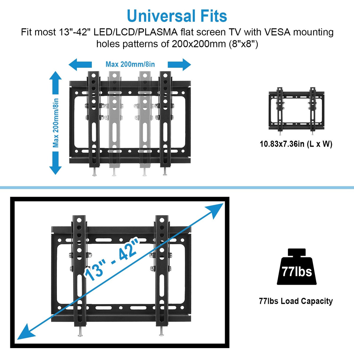 AEELLEEA Tilting TV Wall Mount for 13-42 Inch Flat TVs, Small Tilt Bracket up to 66 lbs, VESA 200x200, Space Saving, Black