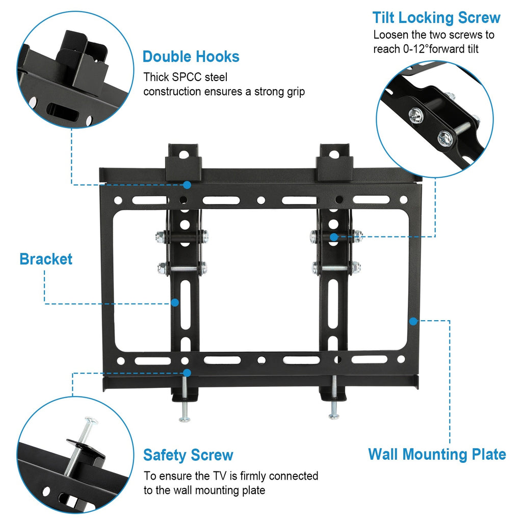 AEELLEEA Tilting TV Wall Mount for 13-42 Inch Flat TVs, Small Tilt Bracket up to 66 lbs, VESA 200x200, Space Saving, Black