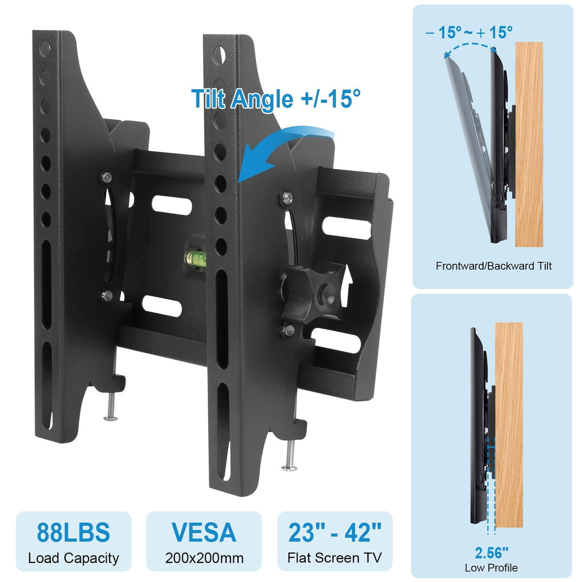 AEELLEEA Tilt TV Wall Mount for 23-42 Inch TVs, 15 Degree Forward and Back Tilt Bracket up to 88 lbs, VESA 200x200 with Level, Black