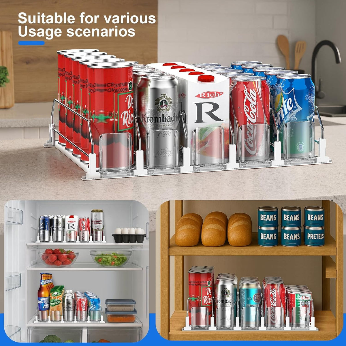 AEELLEEA 5 Lane Automatic Rolling Soda Can Dispenser, Clear Plastic Beverage Organizer Rack for Refrigerator Pantry, Cans and Bottles