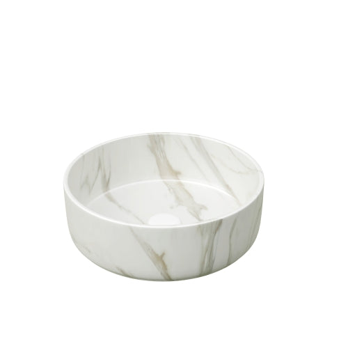 AEELLEEA White Gold Vein Marble Pattern Round Vessel Sink, Ceramic Above Counter Bathroom Vanity Sink