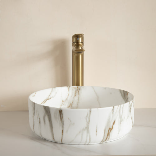 AEELLEEA White Gold Vein Marble Pattern Round Vessel Sink, Ceramic Above Counter Bathroom Vanity Sink