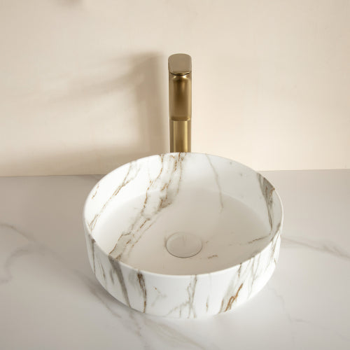 AEELLEEA White Gold Vein Marble Pattern Round Vessel Sink, Ceramic Above Counter Bathroom Vanity Sink