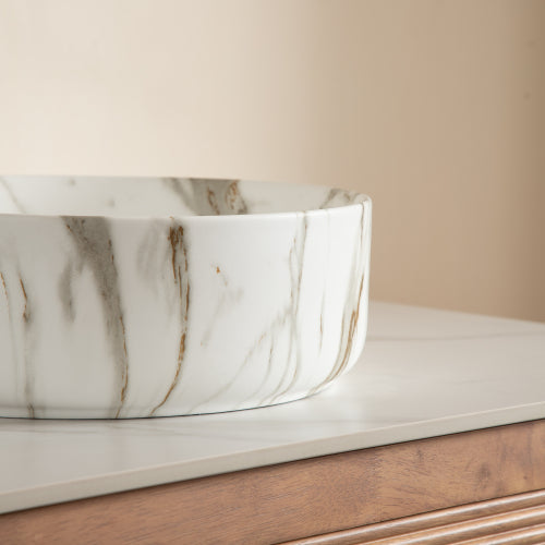AEELLEEA White Gold Vein Marble Pattern Round Vessel Sink, Ceramic Above Counter Bathroom Vanity Sink
