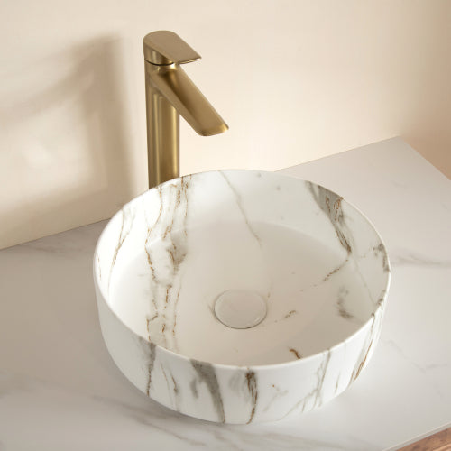 AEELLEEA White Gold Vein Marble Pattern Round Vessel Sink, Ceramic Above Counter Bathroom Vanity Sink