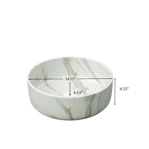 AEELLEEA White Gold Vein Marble Pattern Round Vessel Sink, Ceramic Above Counter Bathroom Vanity Sink