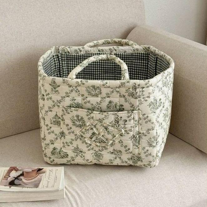 AEELLEEA Foldable Floral Fabric Laundry Basket, Quilted Collapsible Clothes Hamper with Dual Handles and Front Pocket, Cream Green