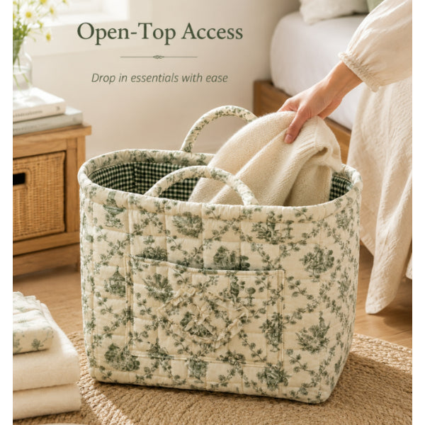 AEELLEEA Foldable Floral Fabric Laundry Basket, Quilted Collapsible Clothes Hamper with Dual Handles and Front Pocket, Cream Green