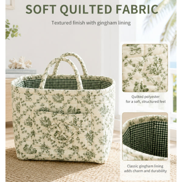 AEELLEEA Foldable Floral Fabric Laundry Basket, Quilted Collapsible Clothes Hamper with Dual Handles and Front Pocket, Cream Green