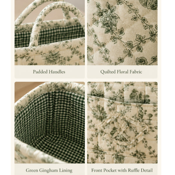 AEELLEEA Foldable Floral Fabric Laundry Basket, Quilted Collapsible Clothes Hamper with Dual Handles and Front Pocket, Cream Green