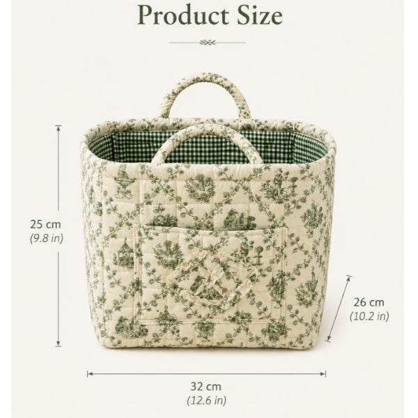 AEELLEEA Foldable Floral Fabric Laundry Basket, Quilted Collapsible Clothes Hamper with Dual Handles and Front Pocket, Cream Green