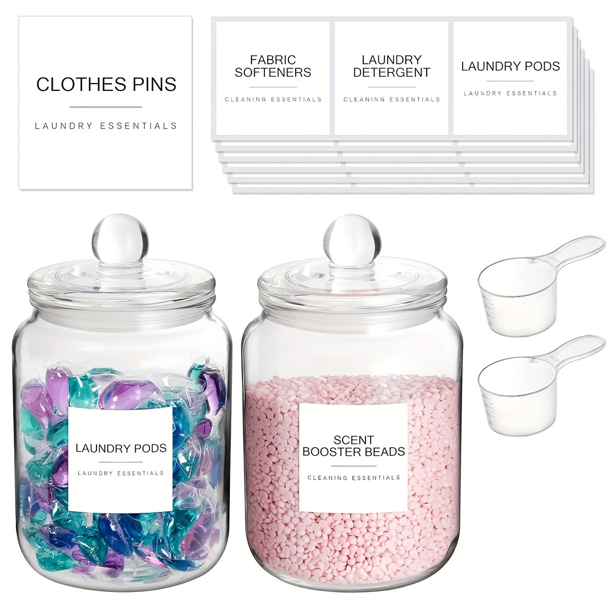 AEELLEEA Set of 2 Clear Glass Storage Jars with Glass Lids, Scoops and Labels, Laundry Pod Detergent Canister Set for Laundry Room