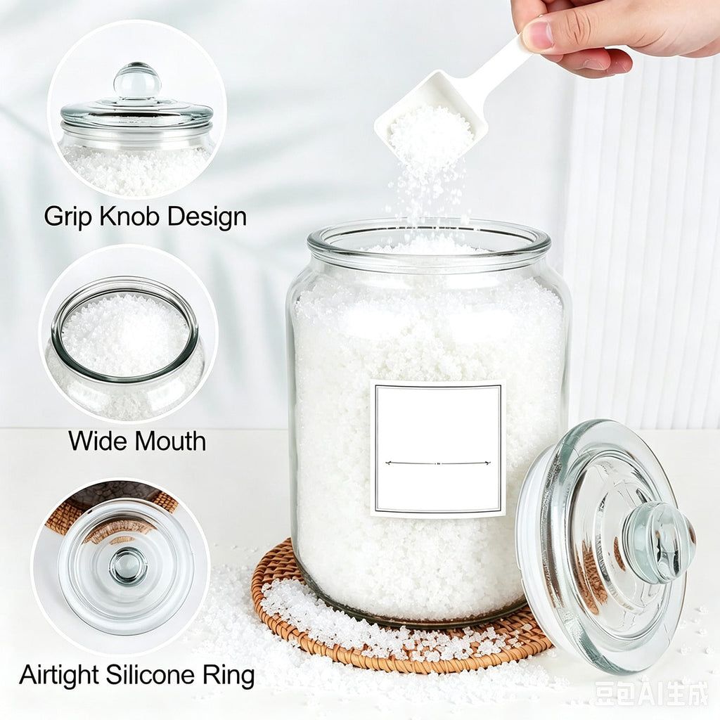 AEELLEEA Set of 2 Clear Glass Storage Jars with Glass Lids, Scoops and Labels, Laundry Pod Detergent Canister Set for Laundry Room