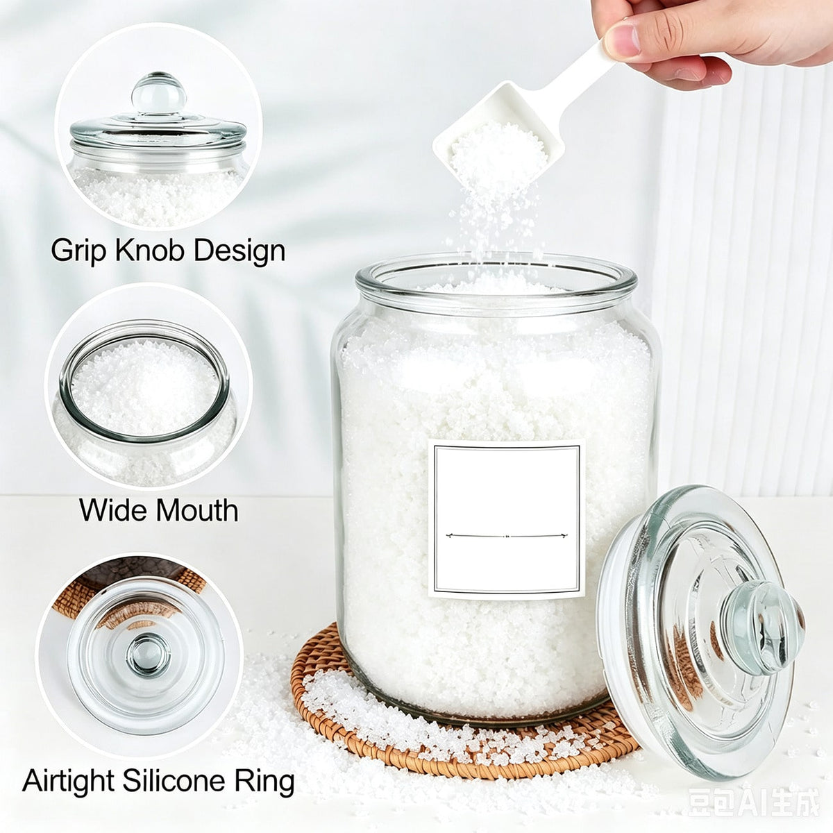 AEELLEEA Set of 2 Clear Glass Storage Jars with Glass Lids, Scoops and Labels, Laundry Pod Detergent Canister Set for Laundry Room