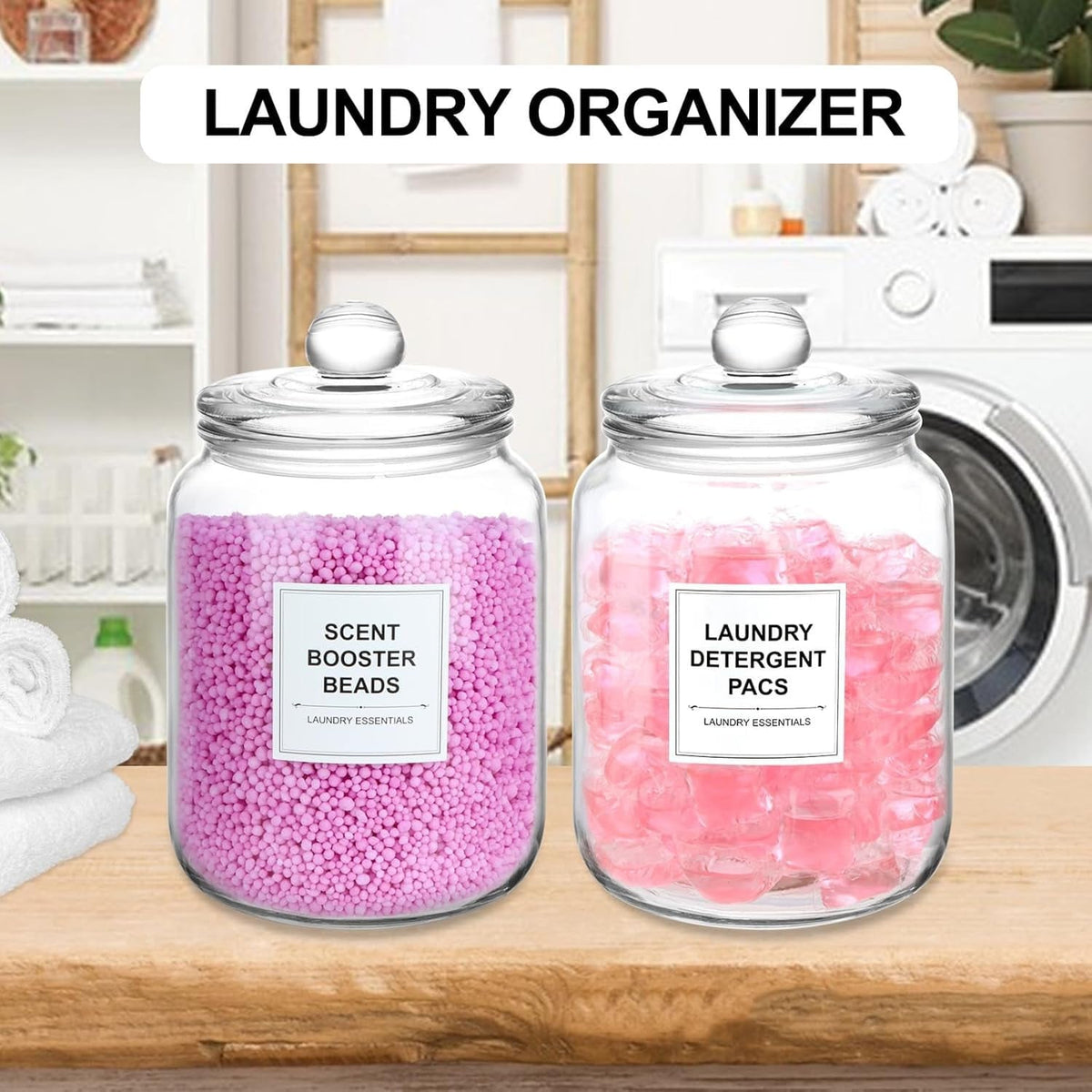 AEELLEEA Set of 2 Clear Glass Storage Jars with Glass Lids, Scoops and Labels, Laundry Pod Detergent Canister Set for Laundry Room