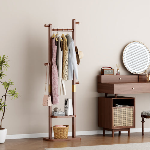 AEELLEEA Rubberwood Freestanding Coat Rack, Wooden Garment Rack with Hooks and Storage Shelves for Entryway Bedroom