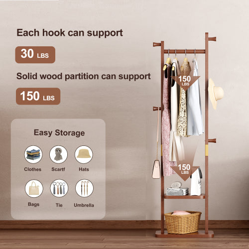 AEELLEEA Rubberwood Freestanding Coat Rack, Wooden Garment Rack with Hooks and Storage Shelves for Entryway Bedroom