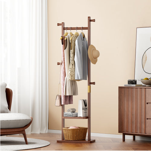 AEELLEEA Rubberwood Freestanding Coat Rack, Wooden Garment Rack with Hooks and Storage Shelves for Entryway Bedroom