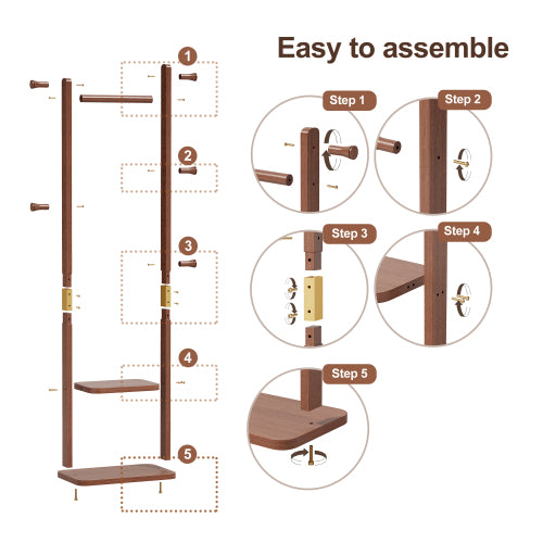 AEELLEEA Rubberwood Freestanding Coat Rack, Wooden Garment Rack with Hooks and Storage Shelves for Entryway Bedroom