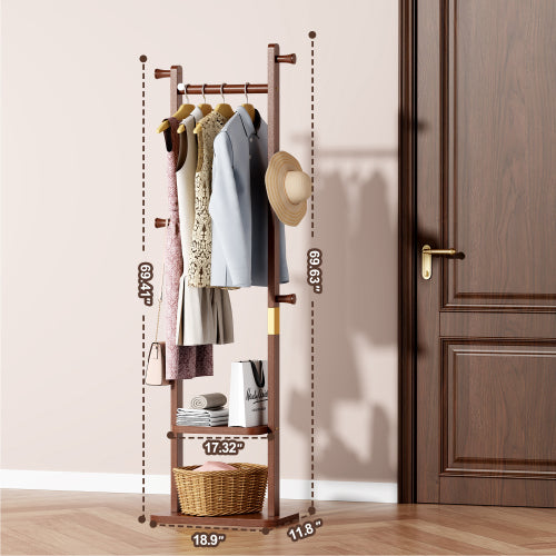 AEELLEEA Rubberwood Freestanding Coat Rack, Wooden Garment Rack with Hooks and Storage Shelves for Entryway Bedroom