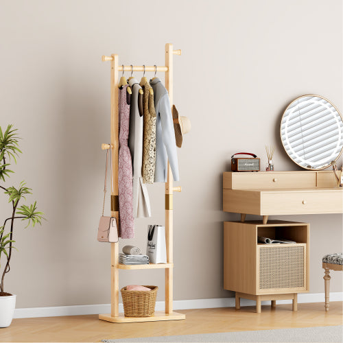 AEELLEEA Rubberwood Freestanding Coat Rack, Natural Wooden Garment Rack with Hooks and Storage Shelves for Entryway Bedroom