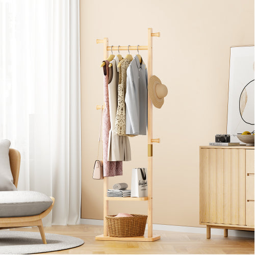 AEELLEEA Rubberwood Freestanding Coat Rack, Natural Wooden Garment Rack with Hooks and Storage Shelves for Entryway Bedroom