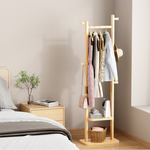 AEELLEEA Rubberwood Freestanding Coat Rack, Natural Wooden Garment Rack with Hooks and Storage Shelves for Entryway Bedroom