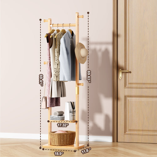 AEELLEEA Rubberwood Freestanding Coat Rack, Natural Wooden Garment Rack with Hooks and Storage Shelves for Entryway Bedroom