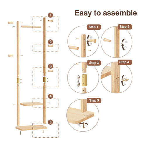 AEELLEEA Rubberwood Freestanding Coat Rack, Natural Wooden Garment Rack with Hooks and Storage Shelves for Entryway Bedroom