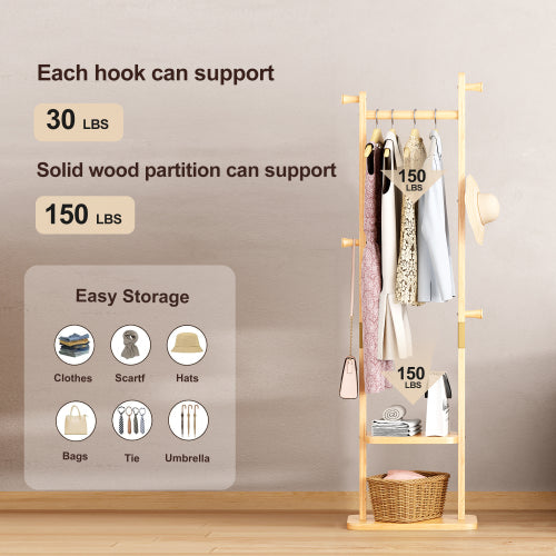 AEELLEEA Rubberwood Freestanding Coat Rack, Natural Wooden Garment Rack with Hooks and Storage Shelves for Entryway Bedroom