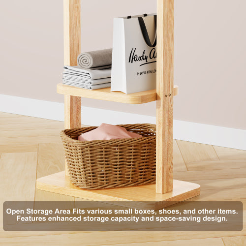 AEELLEEA Rubberwood Freestanding Coat Rack, Natural Wooden Garment Rack with Hooks and Storage Shelves for Entryway Bedroom